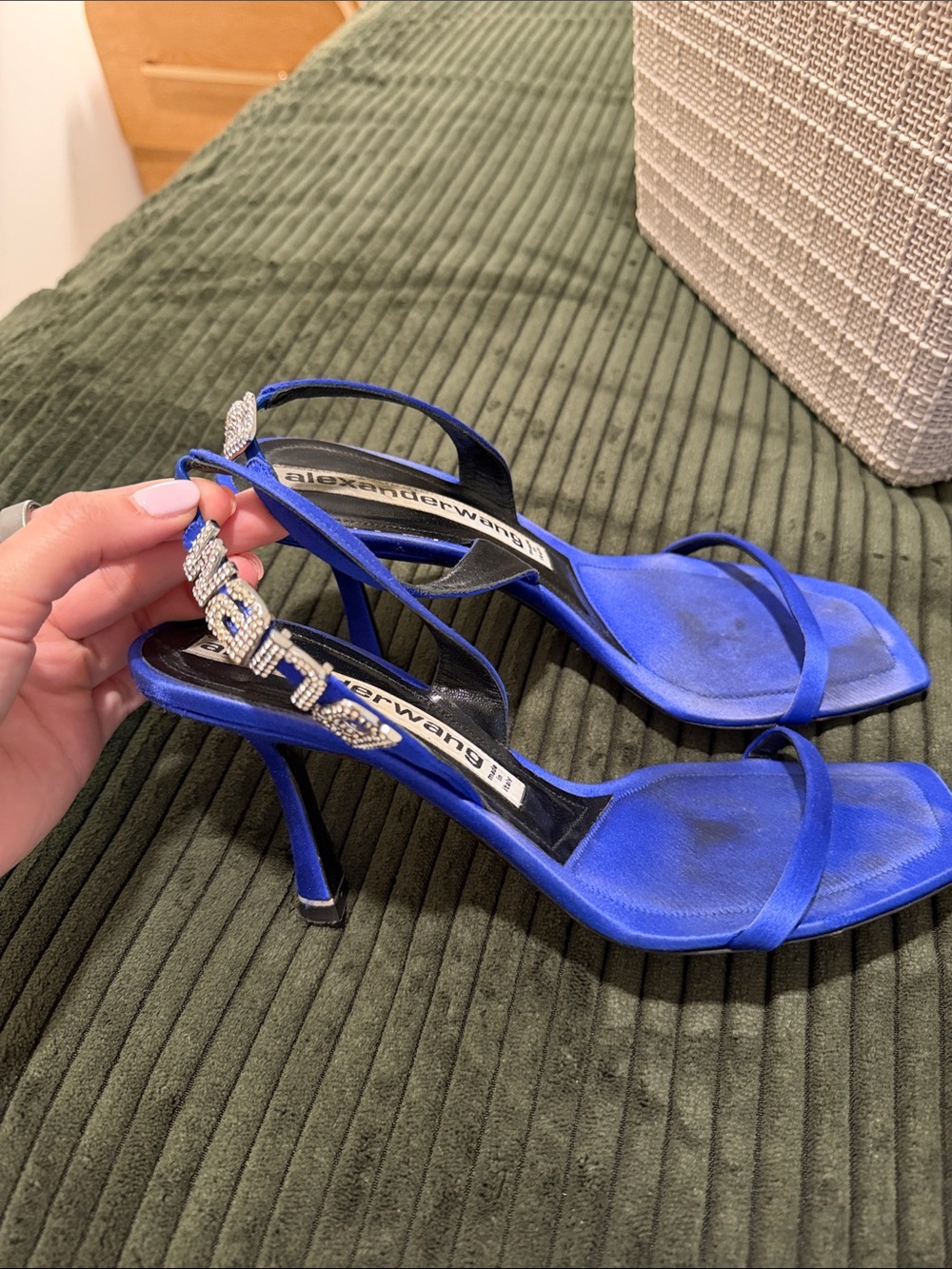 Alexander Wang Cobalt Satin Slingback Heels with Crystal-Embellished Strap